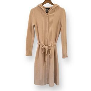 BCBG MAXAZRIA Tan Knit Button Up Belted Hooded Cardigan Sweater Size S Lambswool